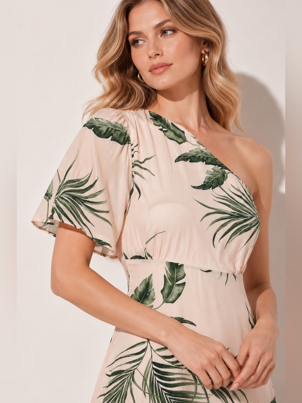 KAOS One Shoulder Tropical Palm Print Midi Dres Beige Botanical Resort Wedding S - Picture 4 of 9